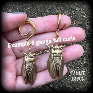 Brass cicada ear hangers Insect ear weights 0 gauge ear weights Brass ear weights Gauged earrings 6mm 8mm 10mm 12mm 14mm 16mm 19mm 22mm 25mm 28mm 30mm Stretched ears Stretched lobes Insect earrings Bugs earrings Cottagecore earrings Fairycore earring