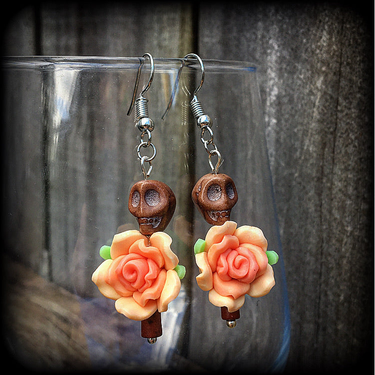 Day of the dead earrings-Skull and rose earrings