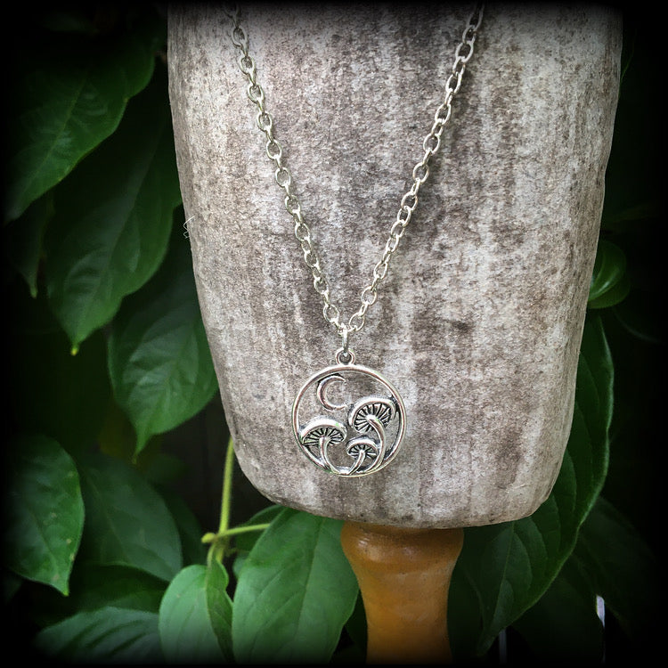 Crescent moon and mushroom necklace
