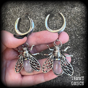 Rose quartz and antique silver insect gauged earrings