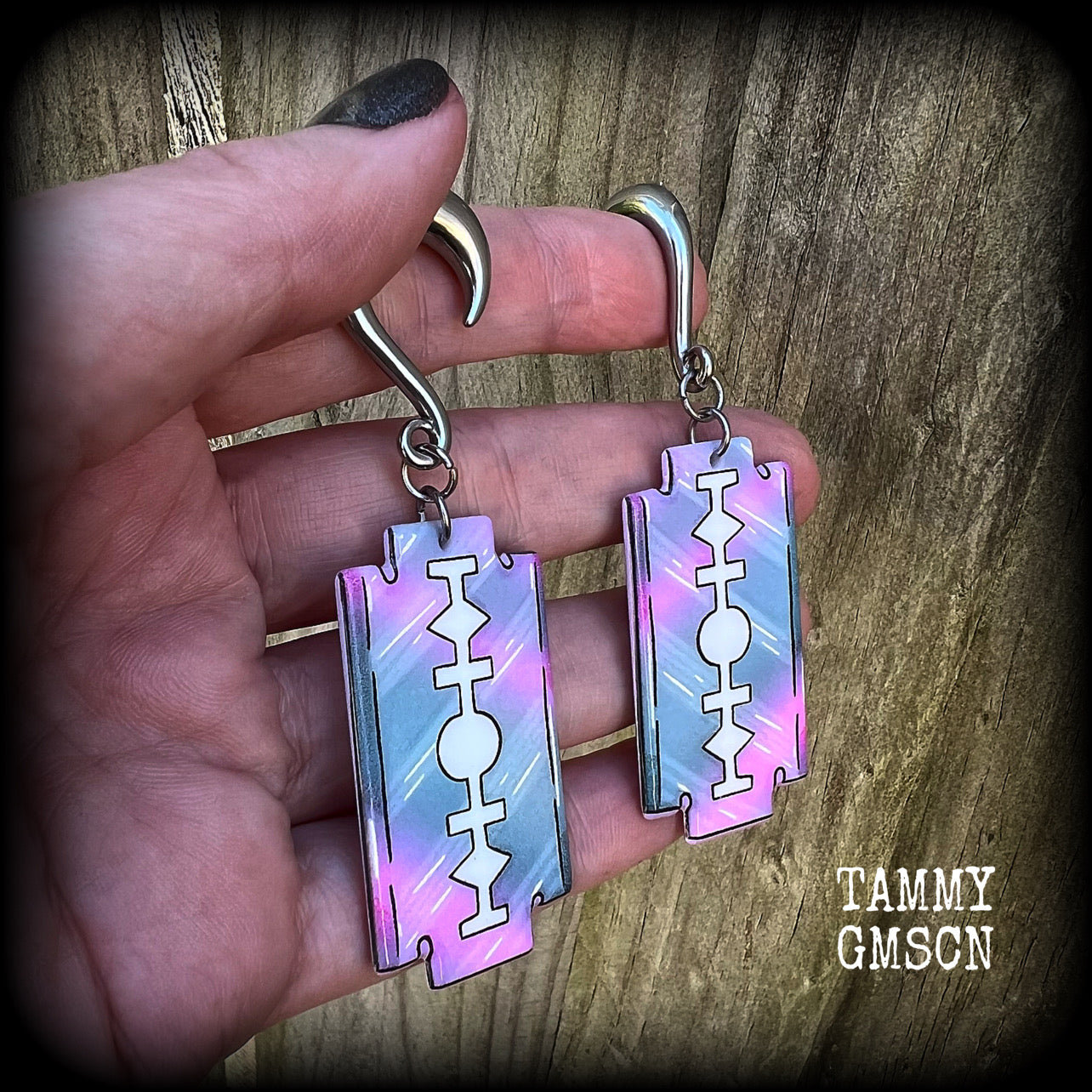 Pastel goth razor blade gauged earrings-Halloween earrings