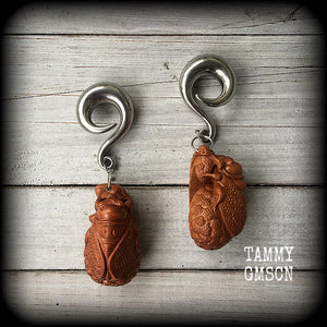 These beautiful gauged earrings feature a carved peach wood cicada, weighing in at 32 grams a piece, and measuring just under 10cms from tip to tip.
This pair has been made on 00 gauge (10mm) surgical steel full curl hooks, for stretched lobes.
