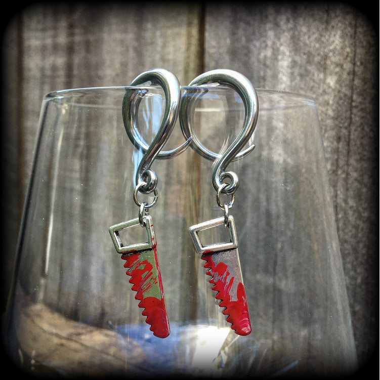 Bloodied bone saw halloween gauged earrings