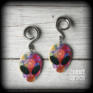 Psychedelic alien gauged earrings