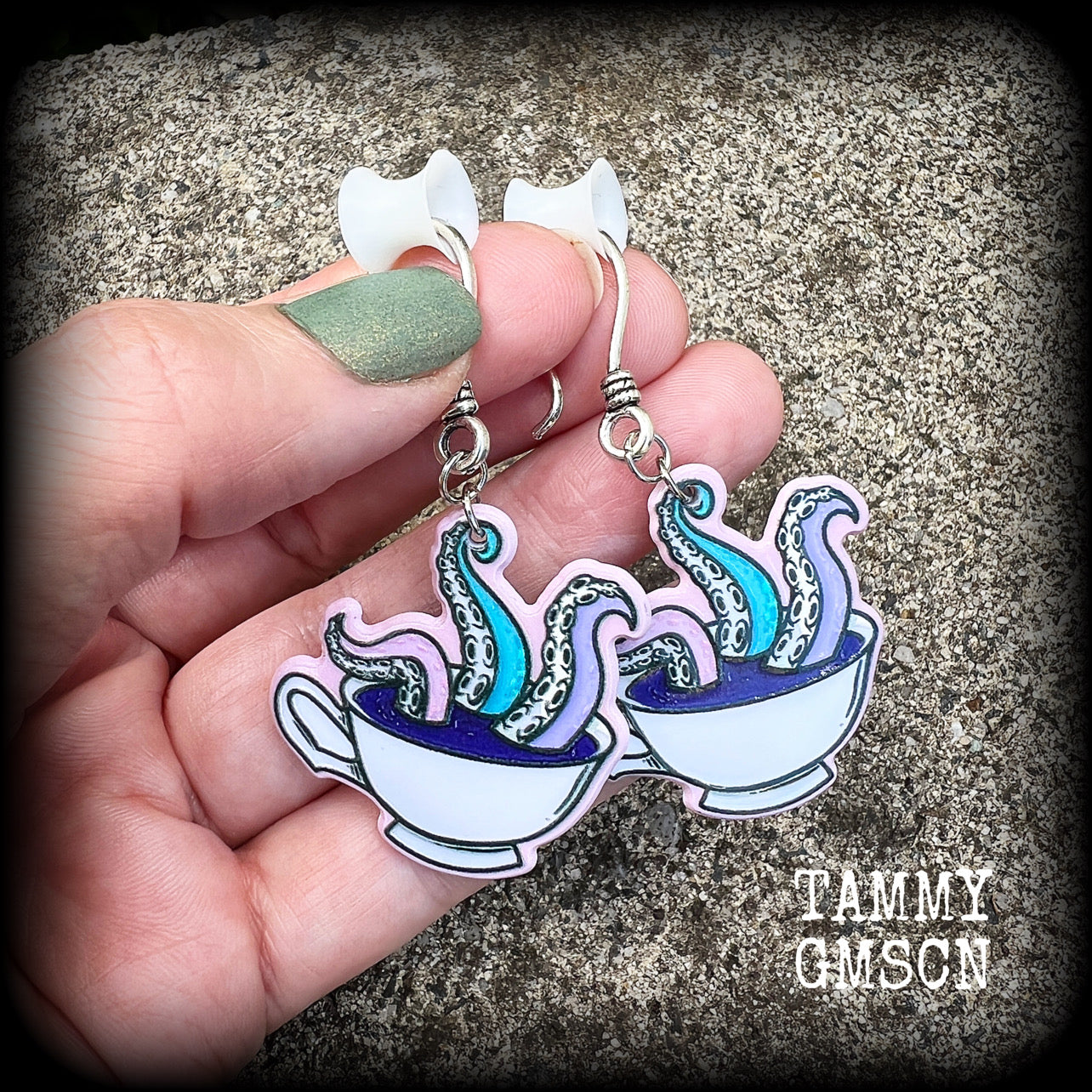 Pastel goth tentacles and teacup earrings