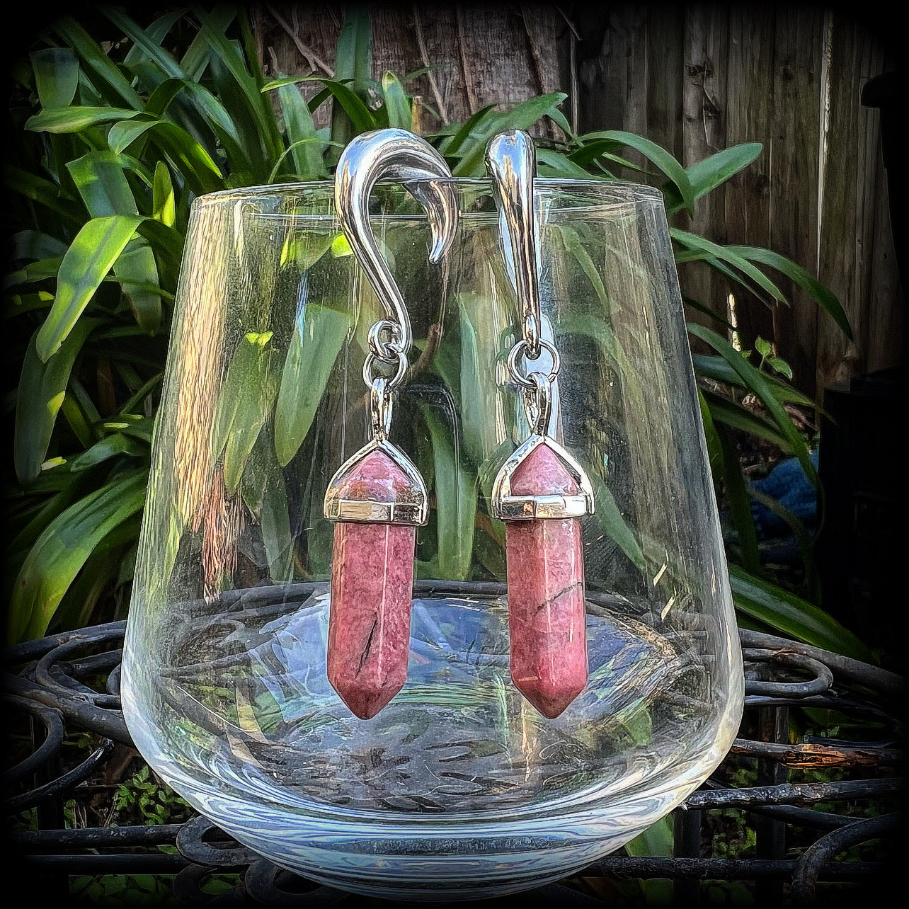 Gorgeous dusty pink rhodochrosite pillar gemstone gauged earrings for gauged ears, available on a range of hooks and clasps for pierced ears and stretched lobes up to 30mm