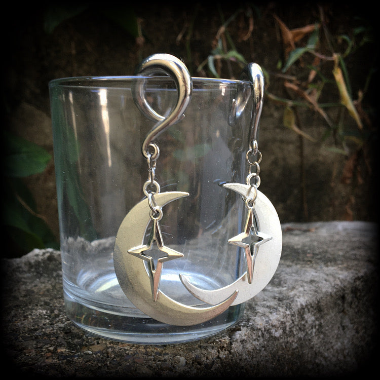 Crescent moon and star gauged earrings-MCM inspired