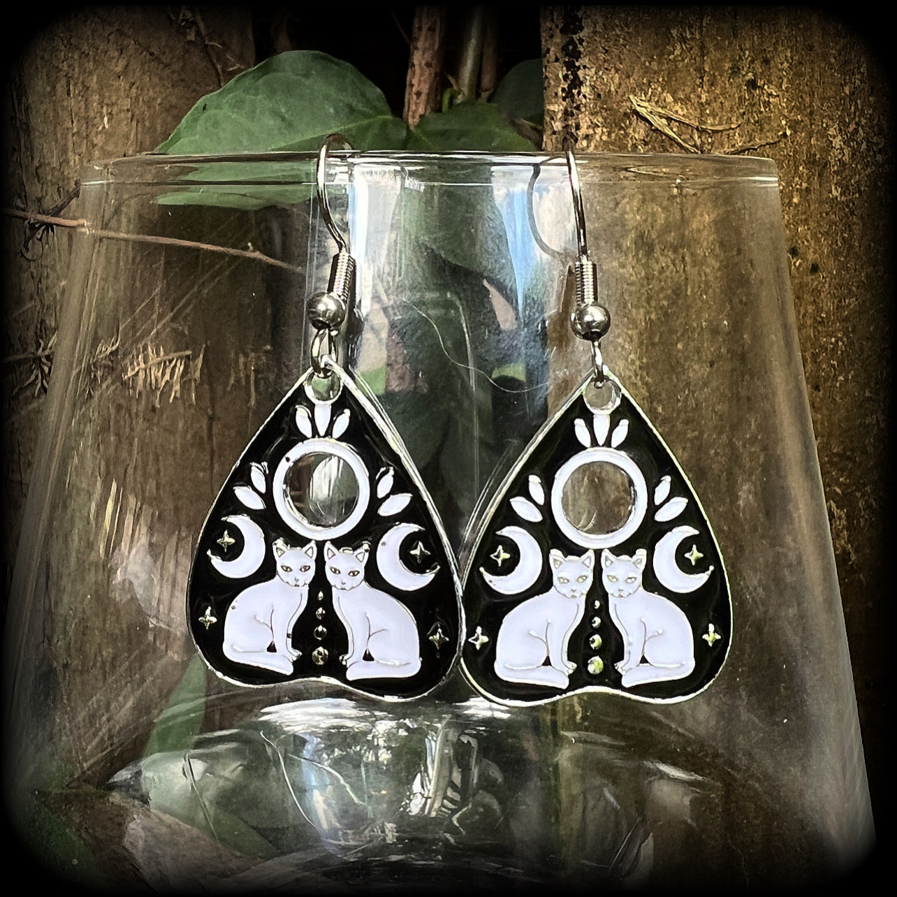 Occult cat planchette earrings-Silver