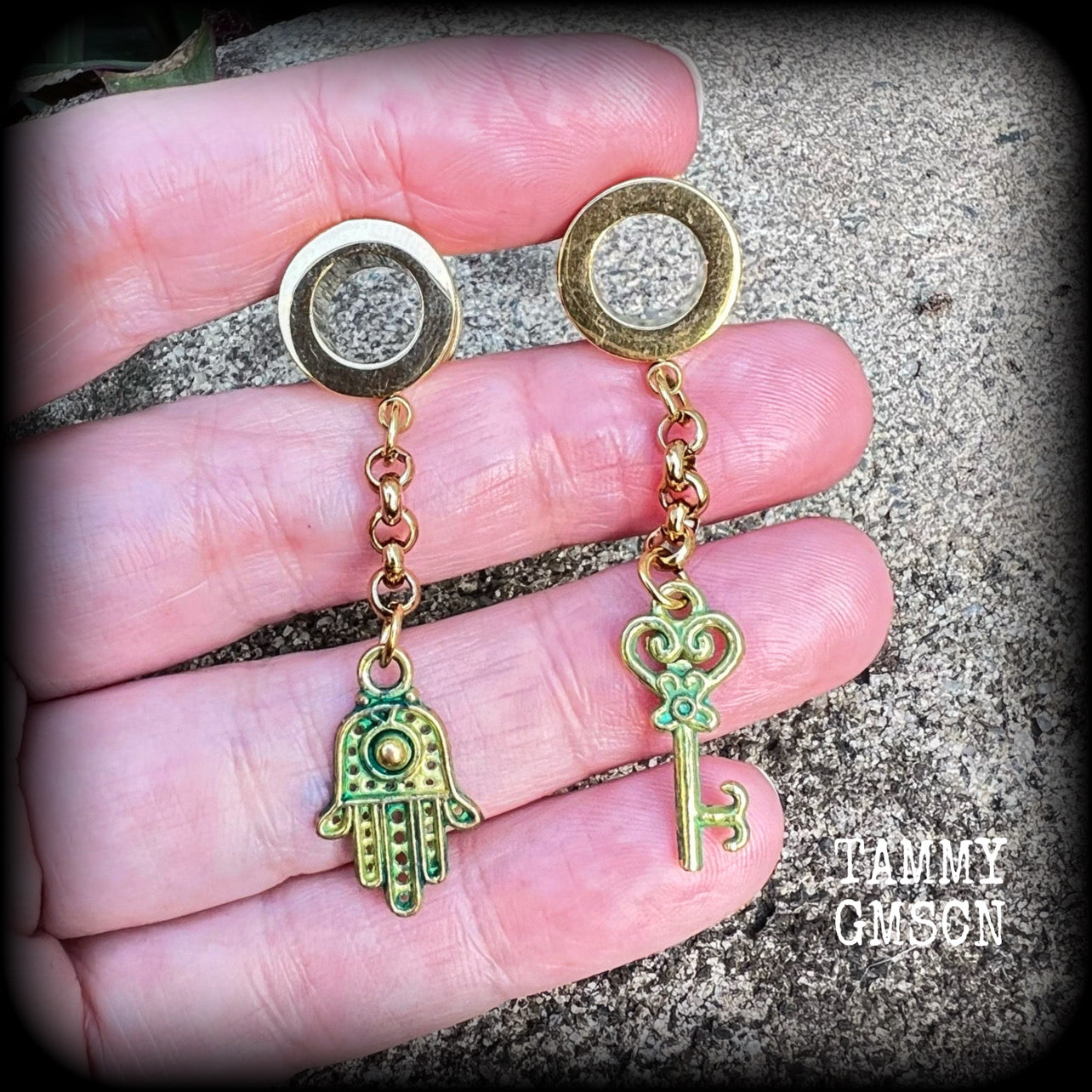 Hamsa hand and key tunnel earrings-Evil eye jewelry