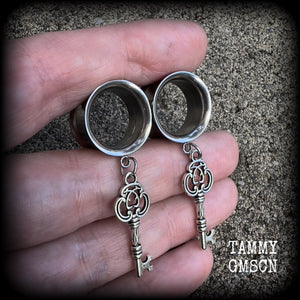 Antique silver key tunnel earrings