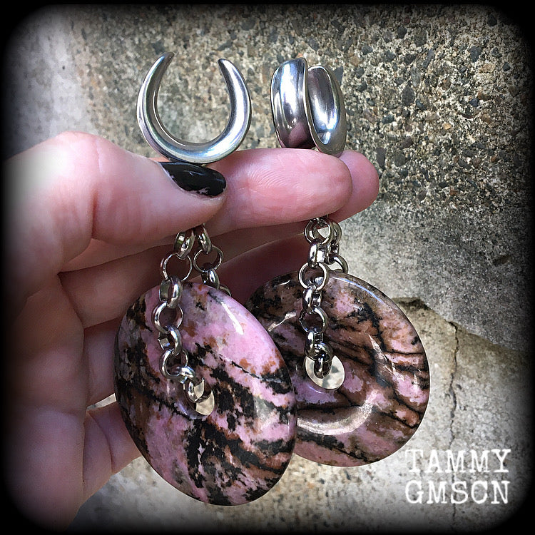 Rhodonite gauged earrings-Gemstone ear weights