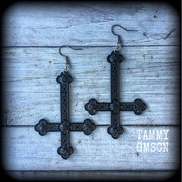 Ornate black inverted cross earrings