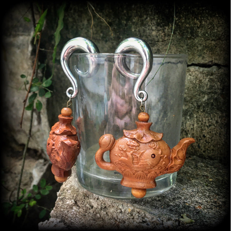 Carved wood teapot ear weights-Gauged earrings