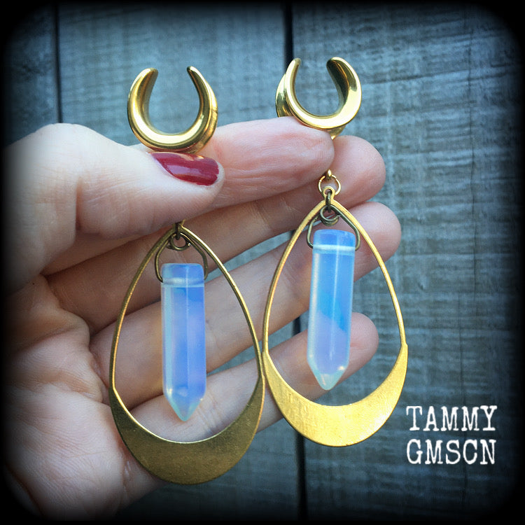 Opalite and brass gauged earrings-Cradle weights