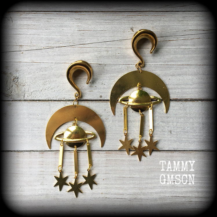 Crescent moon and celestial bodies gauged earrings
