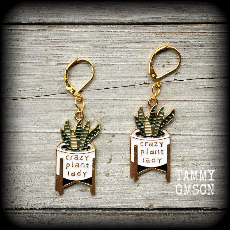 Crazy plant lady earrings Snake plant earrings Cactus jewelry Pot plants Plant jewelry Pierced ears Leverback hooks Clip ons Ear gauges Crazy plant lady jewellery Cactus earrings Nature jewelry Novelty gifts Stocking stuffers Christmas gifts