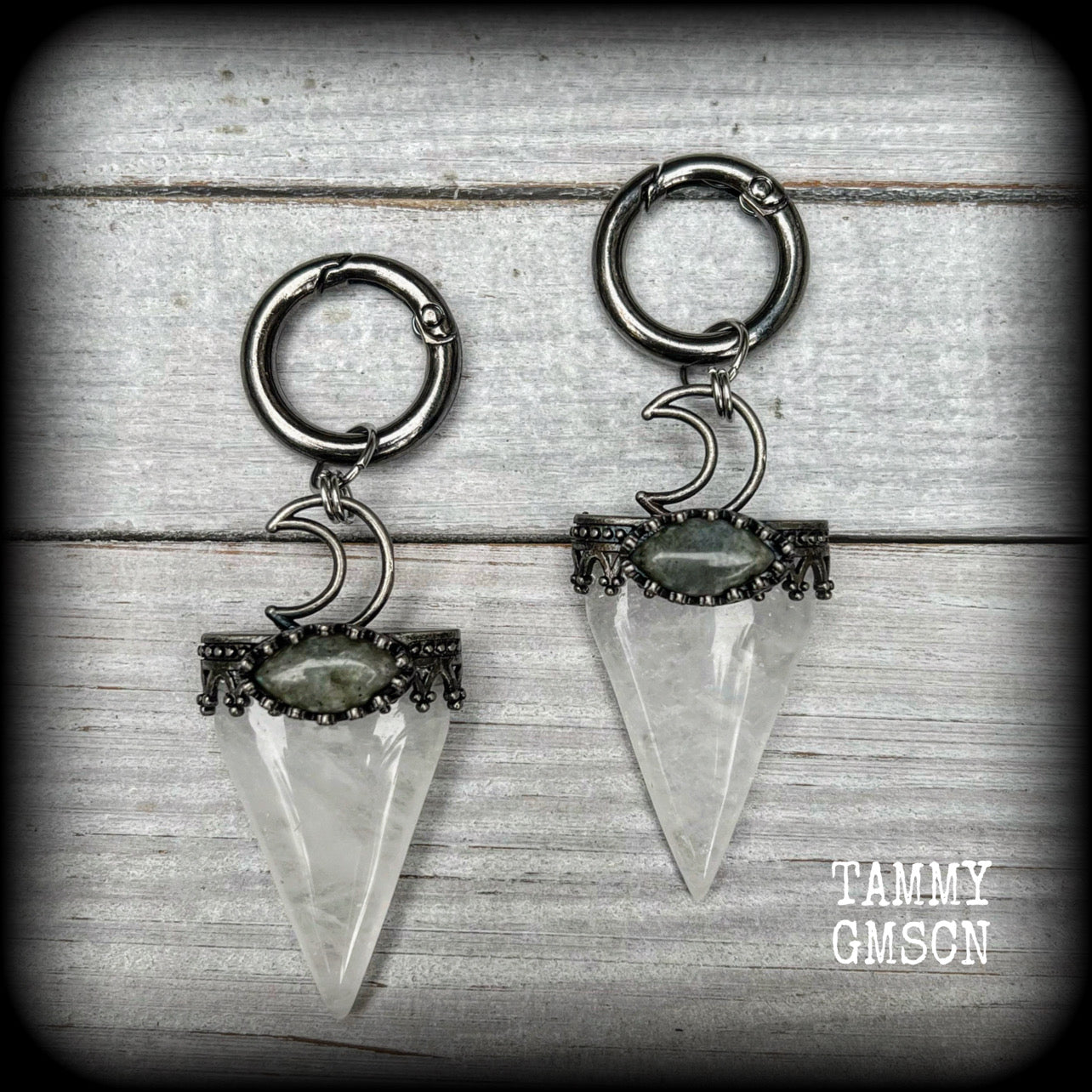 Clear quartz and Labradorite earrings-Ear weights-Ear hangers