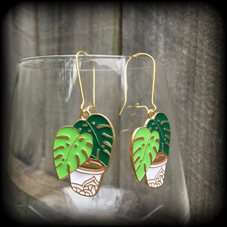 Monstera earrings-Potted plant earrings
