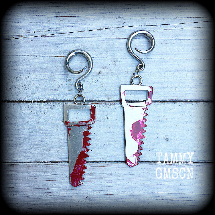 Bloodied bone saw ear hangers-Halloween earrings