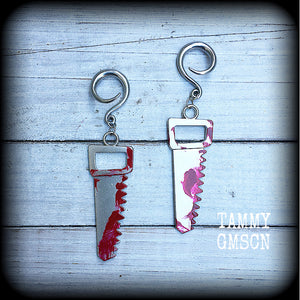 Bloodied bone saw ear hangers-Halloween earrings