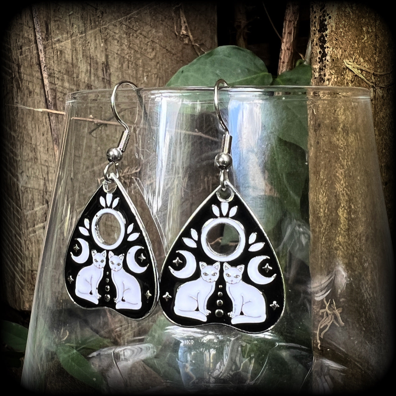 Occult cat planchette earrings-Silver