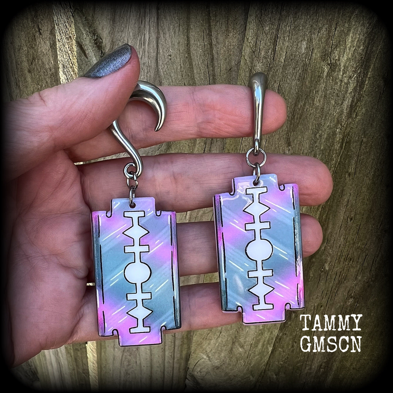 Pastel goth razor blade gauged earrings-Halloween earrings