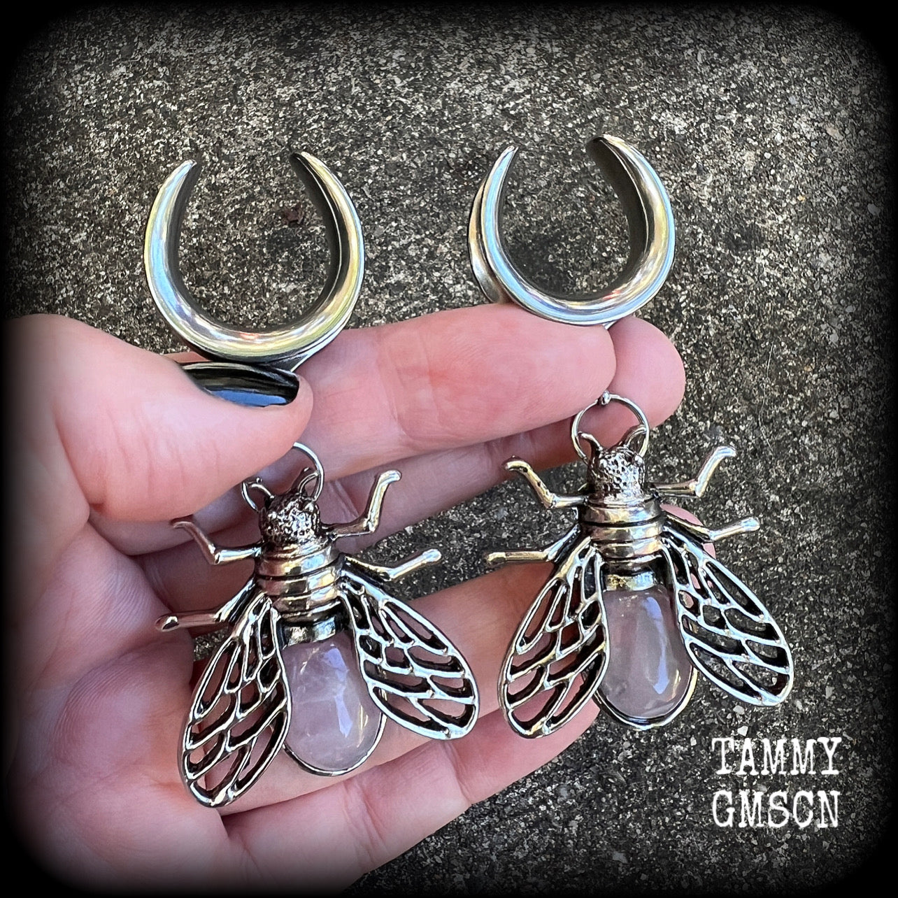 Rose quartz and antique silver insect gauged earrings