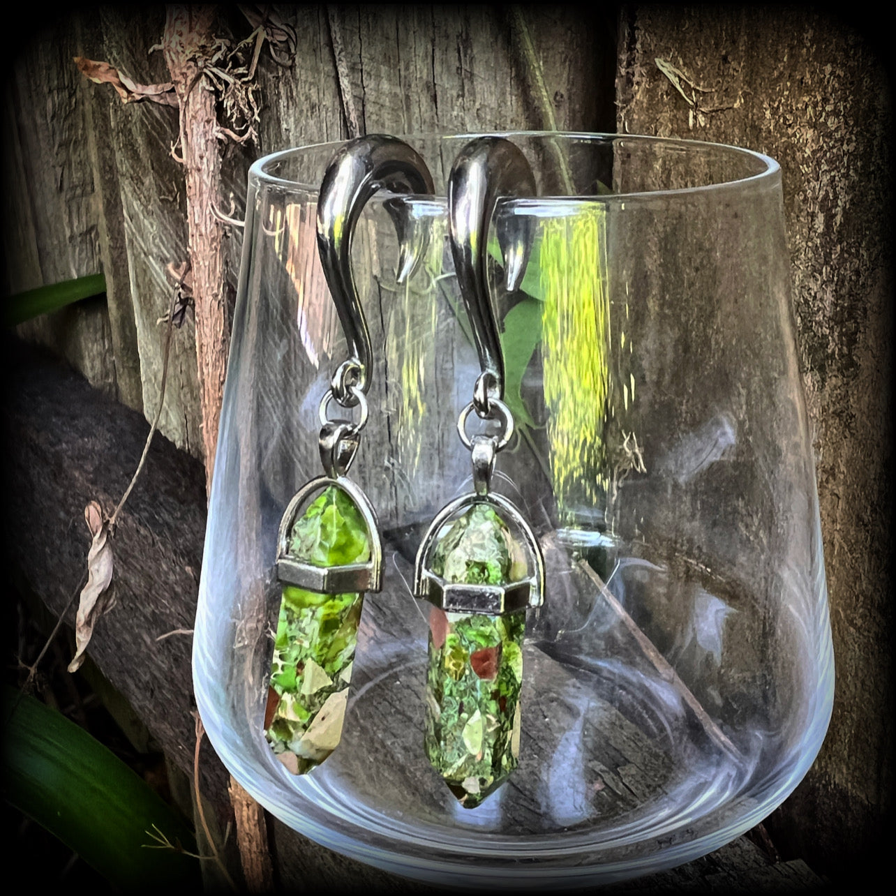 Green Ocean jasper gauged earrings