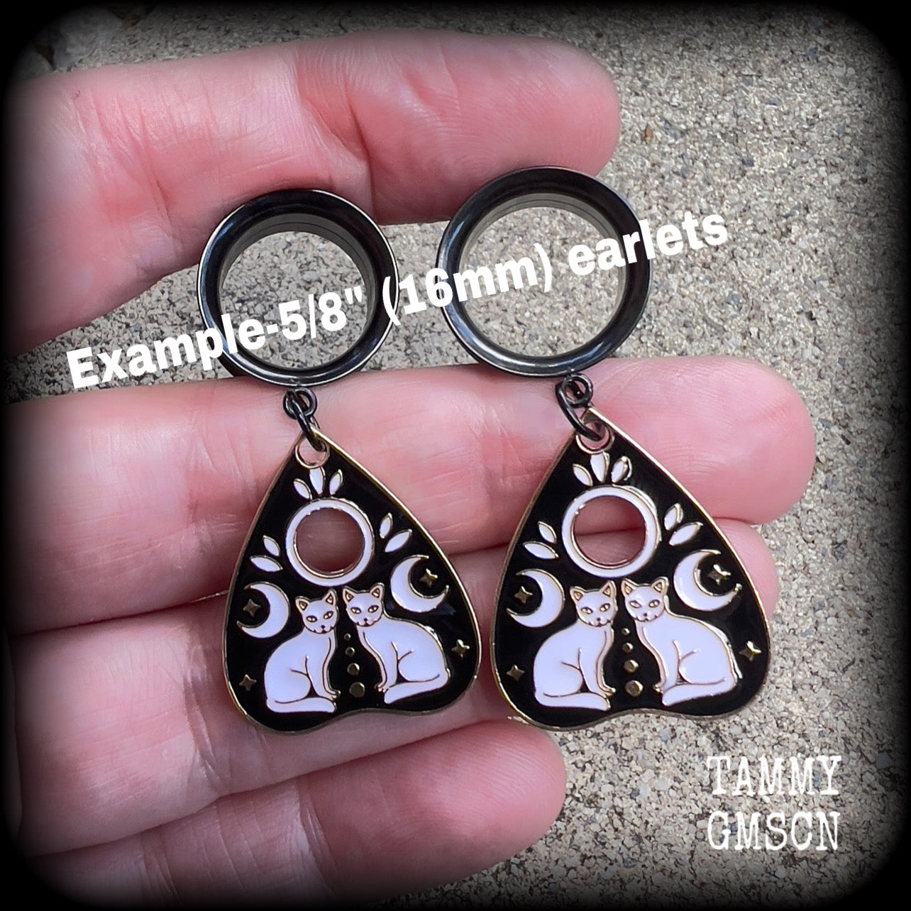 Occult cat and crescent moon ouija planchette earrings