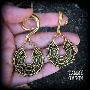 Antique gold Ishtar disc gauged earrings