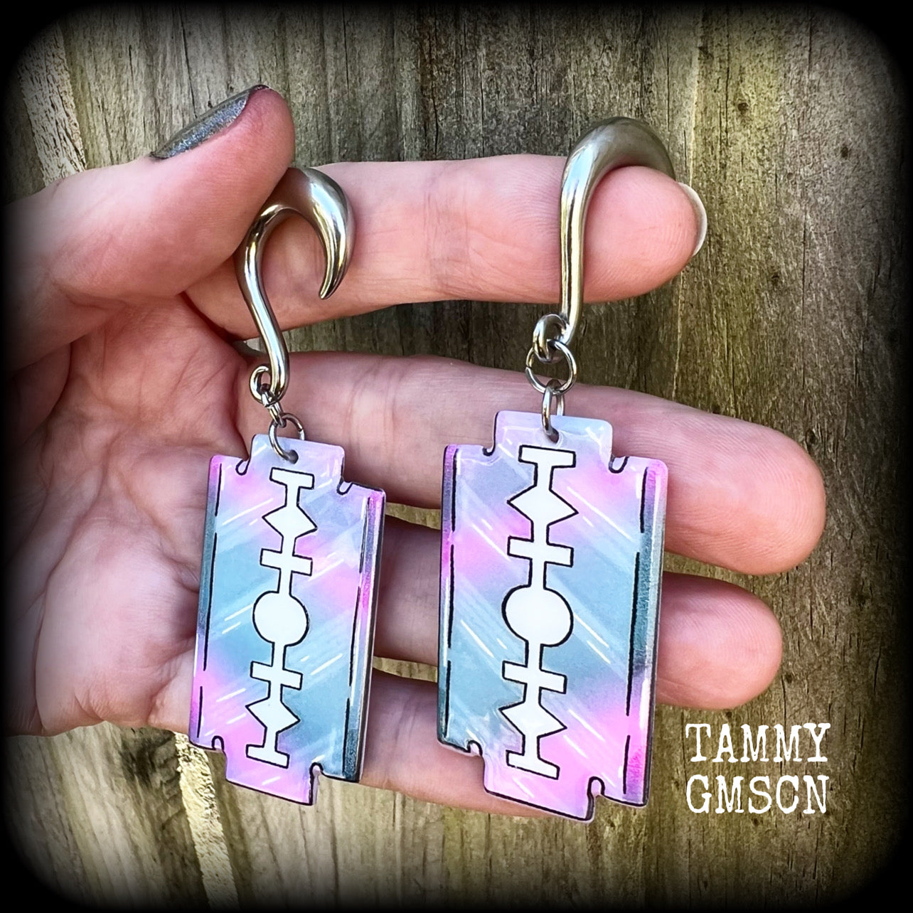 Pastel goth razor blade gauged earrings-Halloween earrings