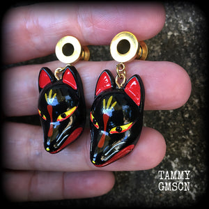 Black kitsune tunnel earrings-Japanese earrings