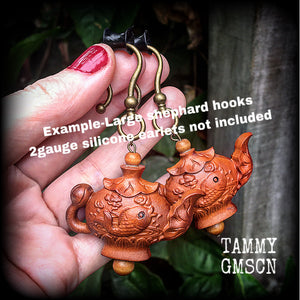 Teapot earrings-Carved wood earrings