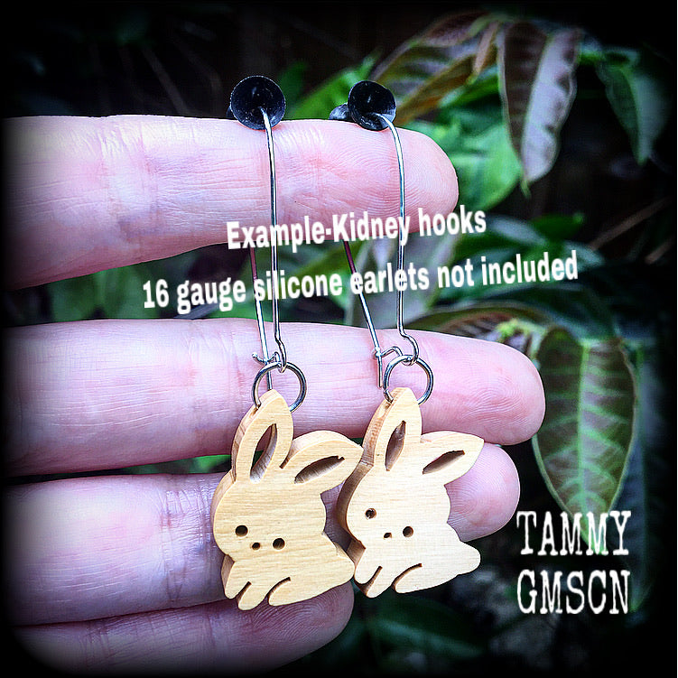 Rabbit earrings-Carved wood earrings