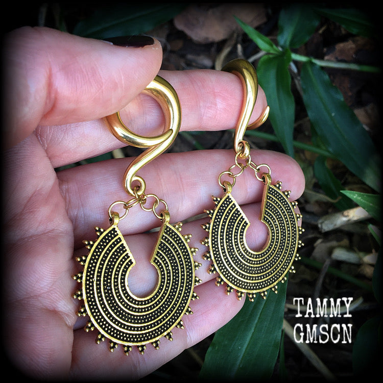 Antique gold Ishtar disc gauged earrings