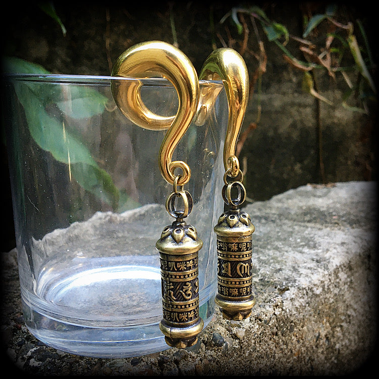 Stash pot earrings Pet ashes earrings Stash pot ear weights Tibetan prayer box jewelry Pet ashes urn jewelry Brass ear weights Sanskrit jewelry
