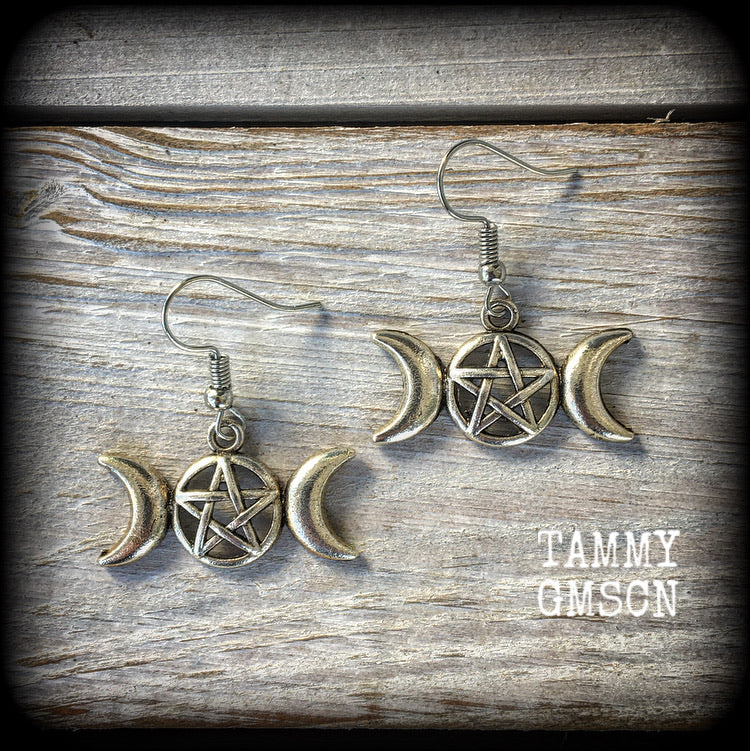 Triple moon earrings-Pentagram earrings