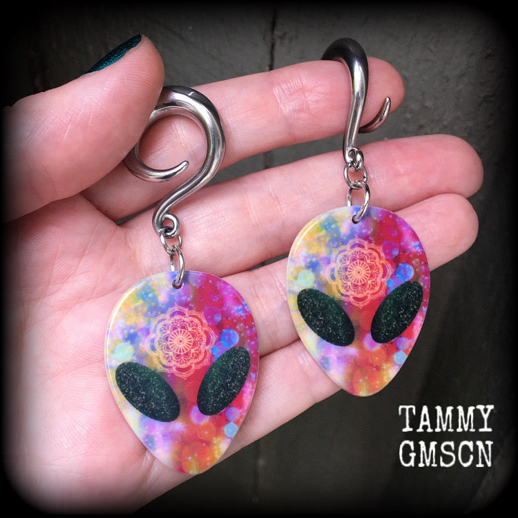 Psychedelic alien gauged earrings