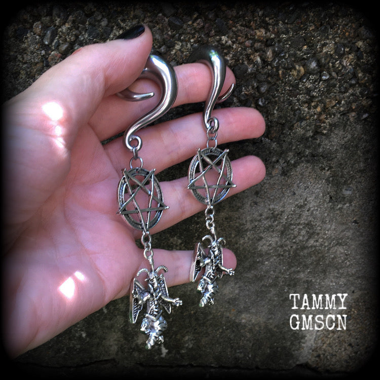 Baphomet and inverted pentagram gauged earrings