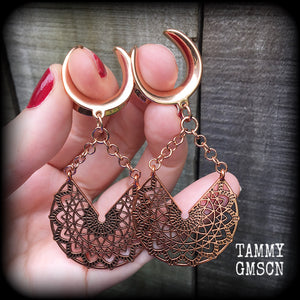 Rose gold tone mandala gauged earrings-Cradle weights