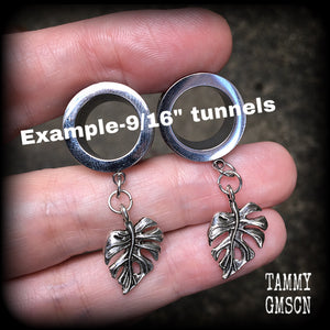 Monstera leaf tunnel earrings-Leafy tunnel dangles