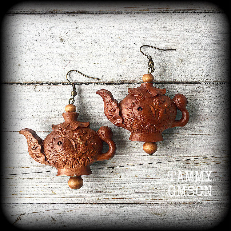 Teapot earrings-Carved wood earrings