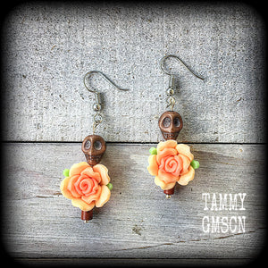 Day of the dead earrings-Skull and rose earrings