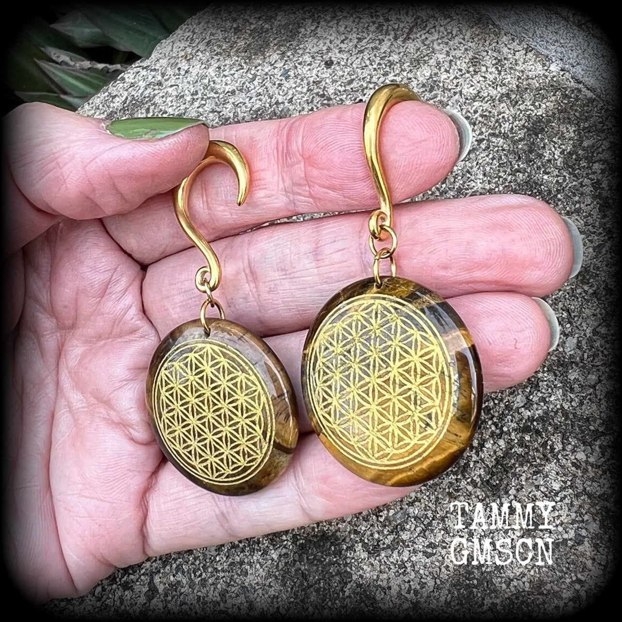 Tigers eye gemstone gauged earrings-Flower of life ear weights