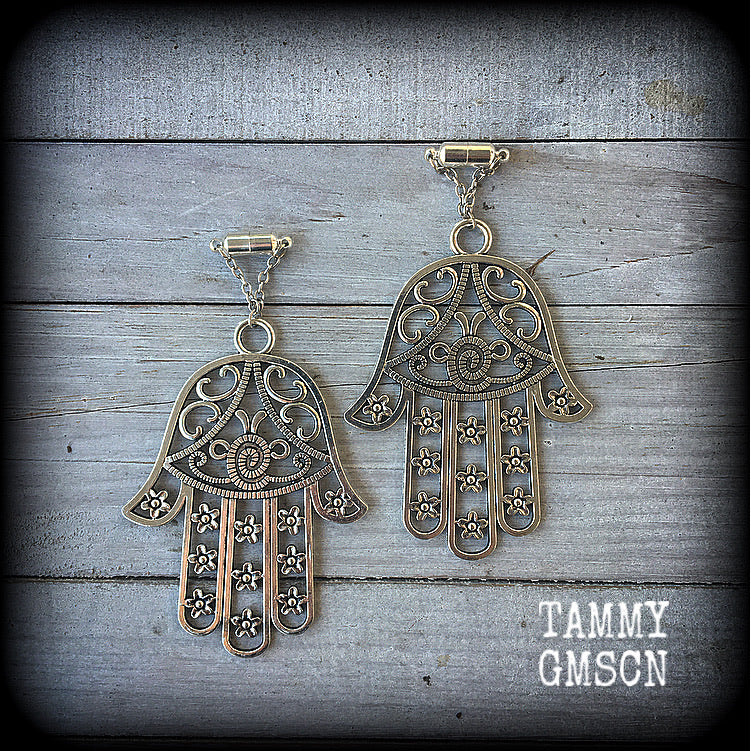 Hamsa hand tunnel earrings-Tunnel dangles