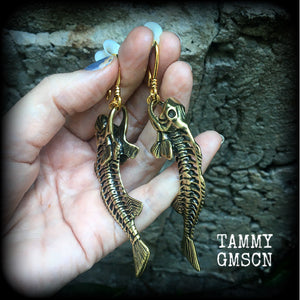 Barracuda skeleton earrings-Fish skeleton ear hangers