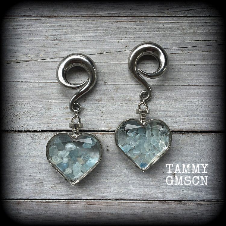 Aquamarine heart gauged earrings