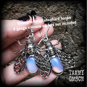 Opalite insect earrings Bugs earrings Opalite ear hangers 8 gauge ear weights Gemstone ear weights Gauges Stretched lobes 4mm 5mm 6mm 8mm Stretched ears Stretched lobes Gauged ears Gauged earrings Insect ear weights Entomolgy jewellery Body jewelry