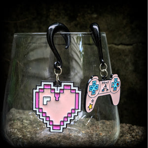 Gamer girl ear gauges-Pixel heart gauged earrings