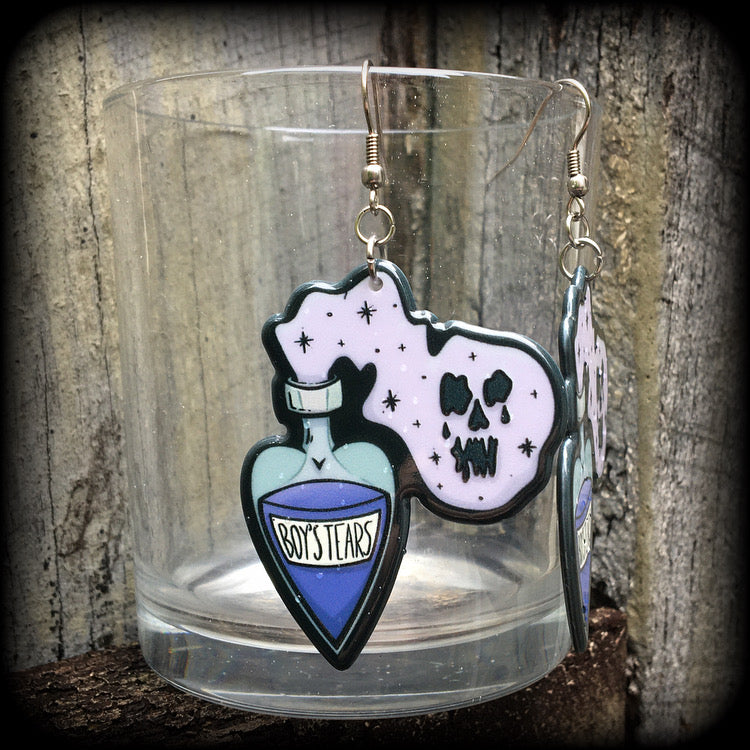 Boys tears potion bottle earrings-Pastel goth earrings